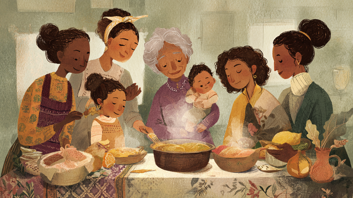 Multi-generational immigrant family sharing a meal together, depicting cultural food traditions and family bonding across generations