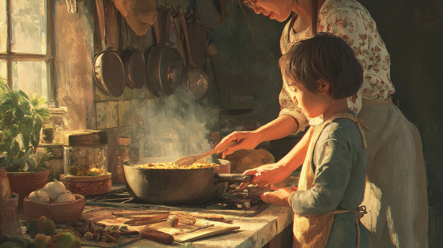 Parent and child cooking traditional cultural food together in kitchen, showing intergenerational food heritage transmission
