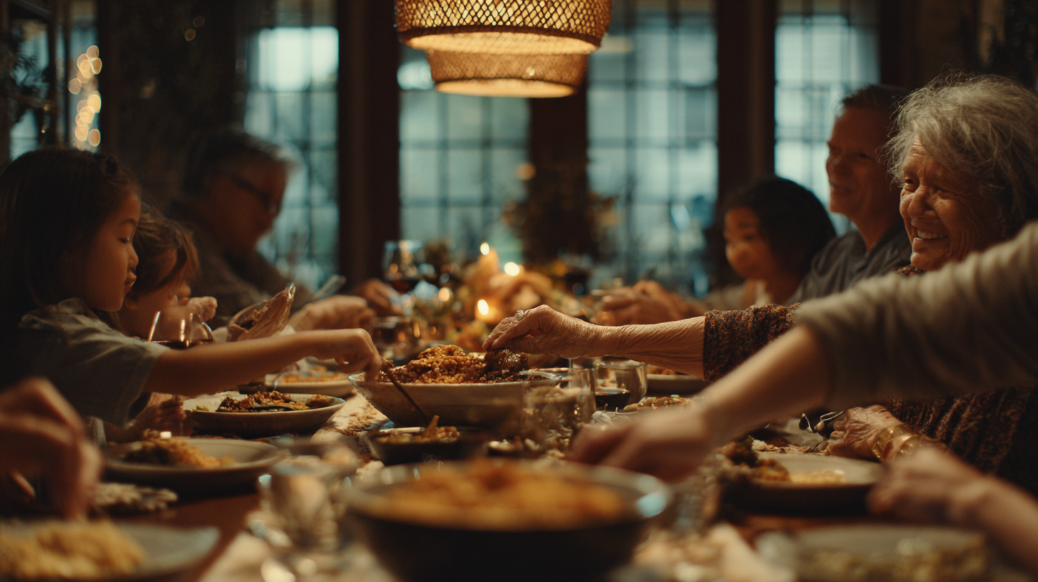Multi-generational family sharing traditional meal together, smiling and passing dishes around dinner table