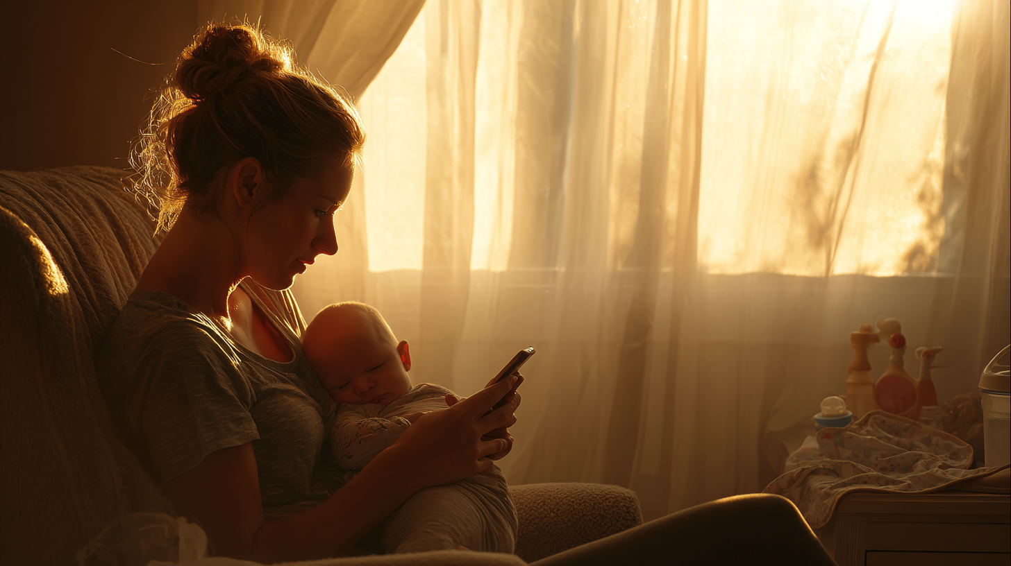Parent researching baby feeding advice on Instagram while holding baby