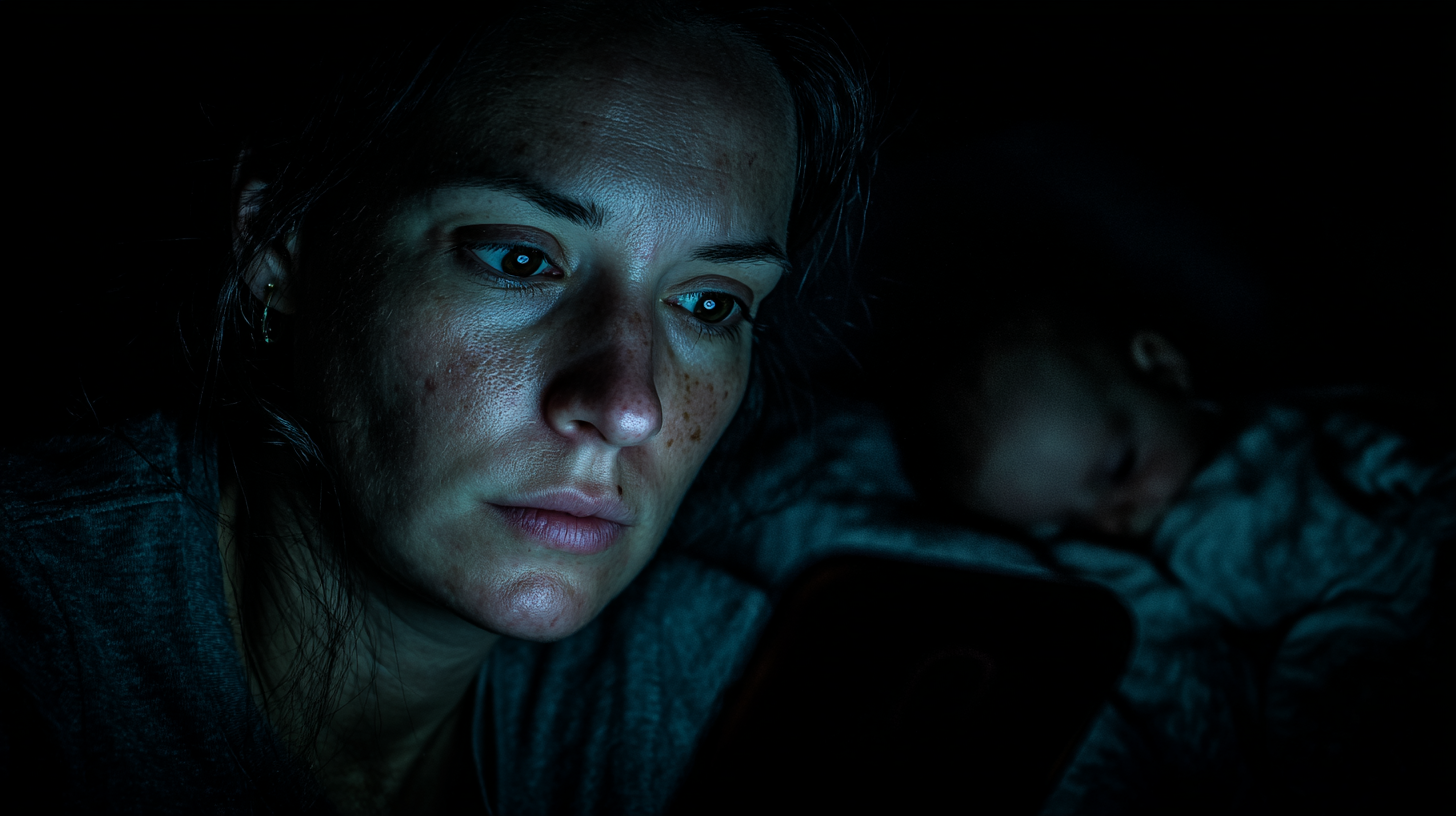 Parent looking at phone with concerned expression while baby sleeps nearby