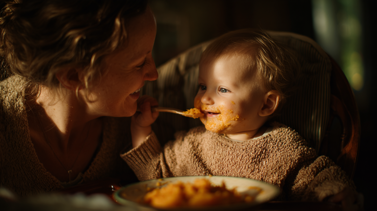 Parent feeding baby with spoon in high chair showing proper feeding position