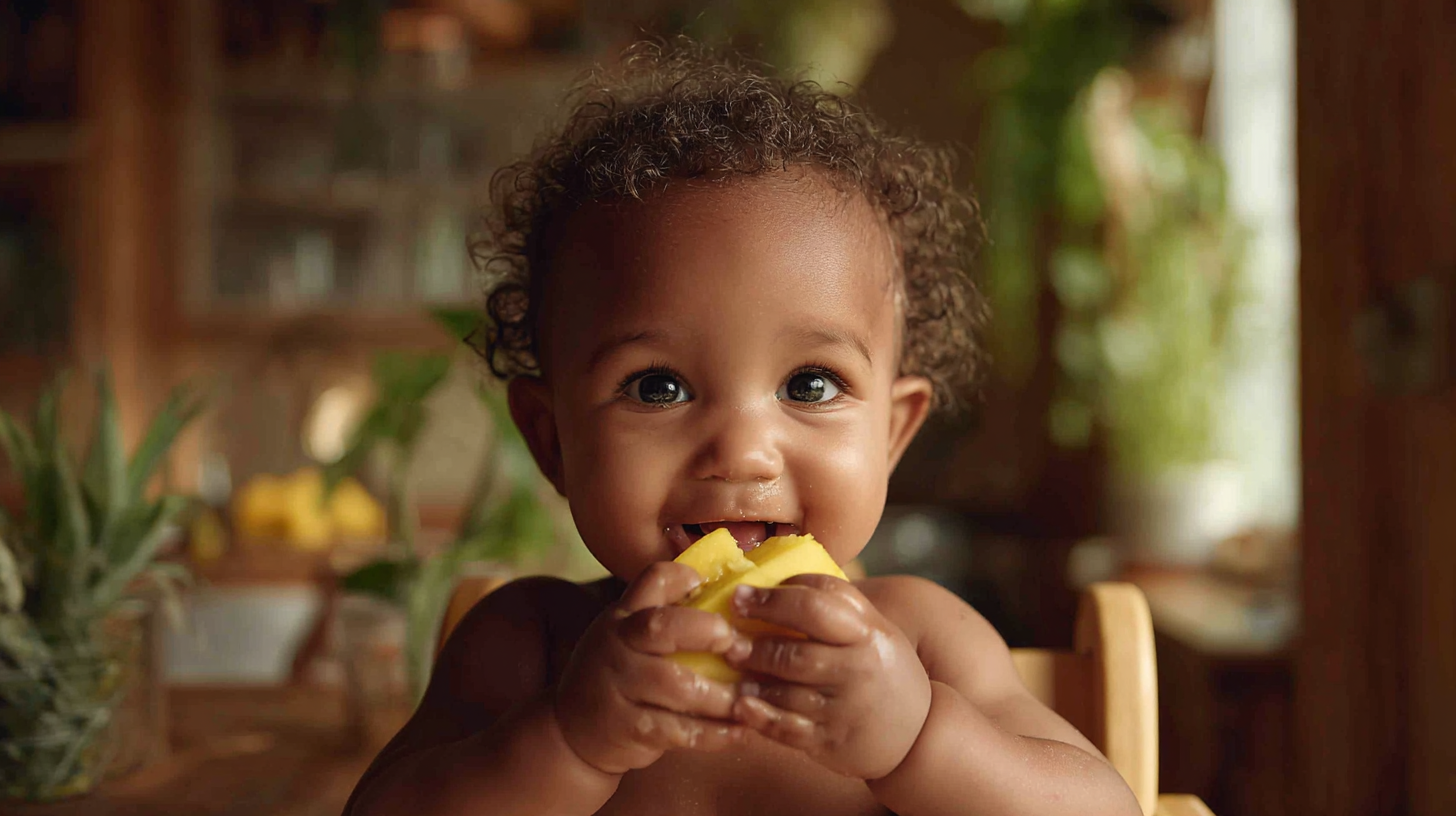 Happy baby eating colorful nutritious foods showing real feeding success