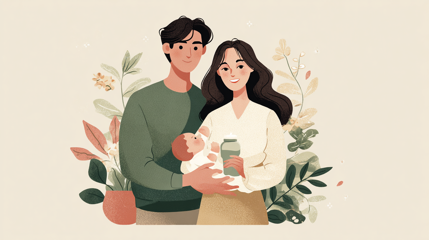 Happy couple equally sharing infant feeding responsibilities with baby thriving through partnership