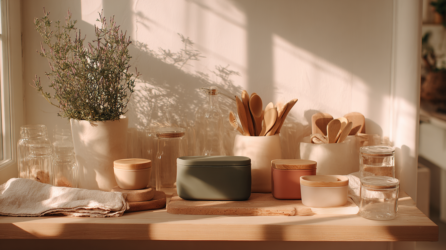 Eco-friendly toddler feeding supplies including reusable containers, cloth napkins, and sustainable utensils