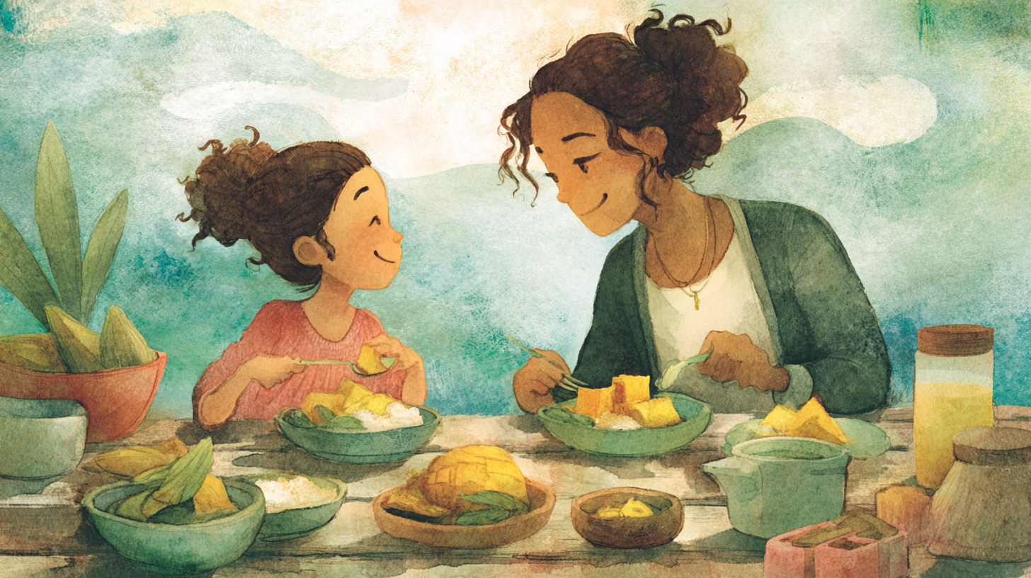 Toddler enjoying homemade sustainable meal with parent, showing connection and joy in eco-conscious feeding