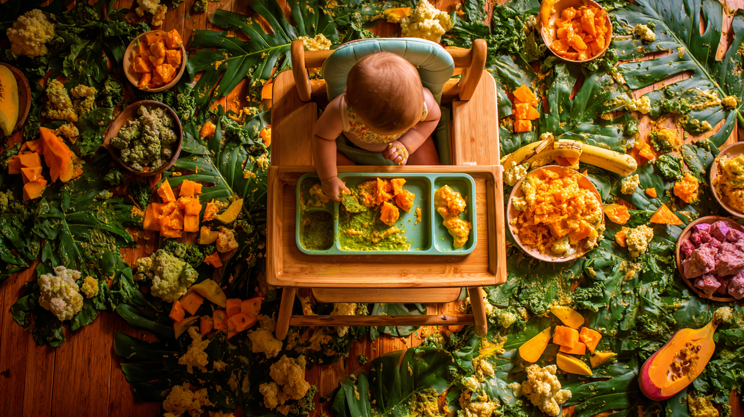 Baby practicing baby-led weaning with food scattered around high chair