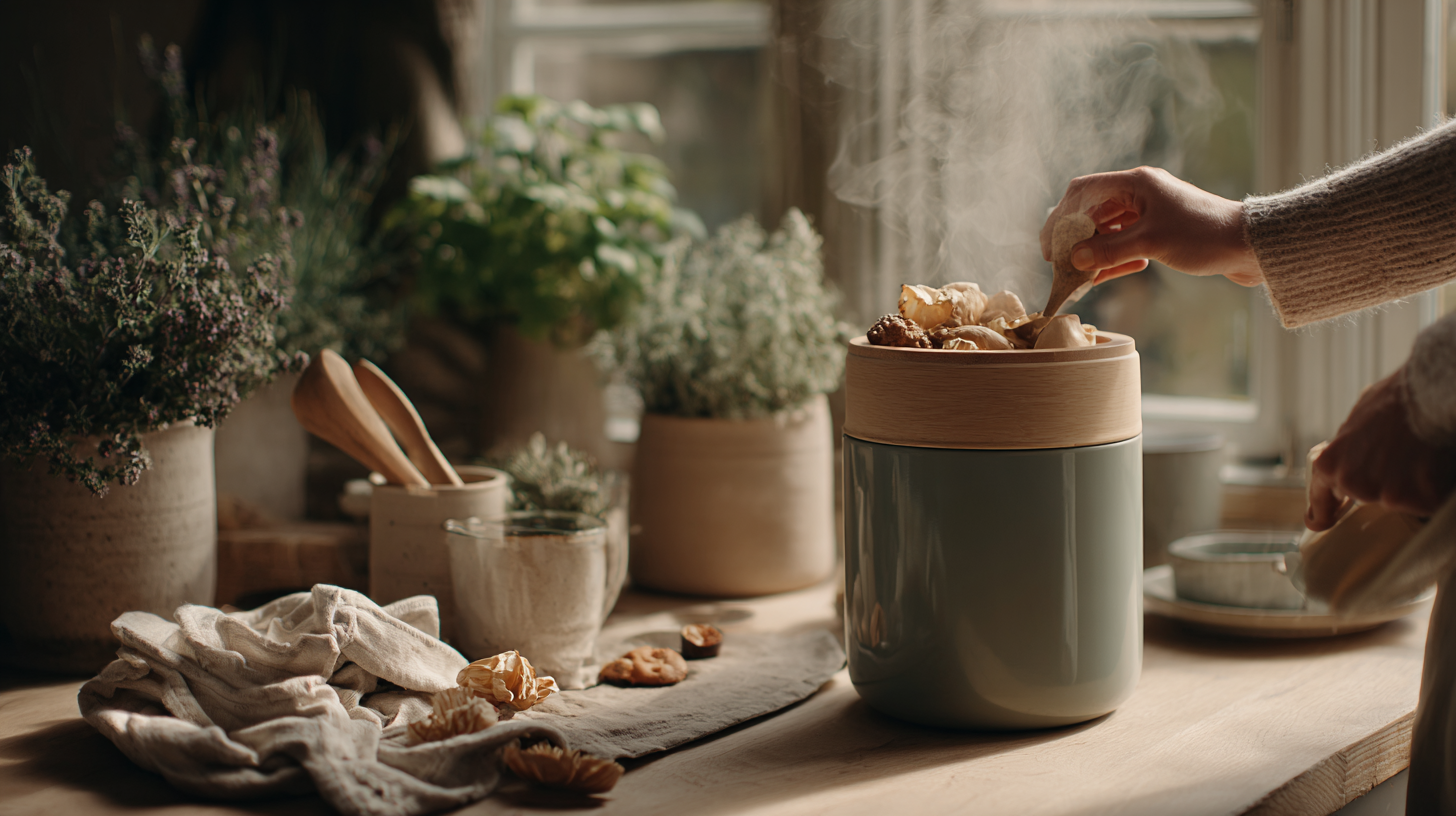 Eco-conscious parent composting baby food waste in kitchen