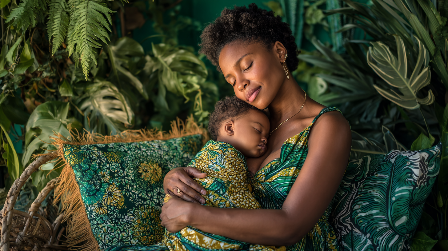 Mother peacefully holding baby during daytime nursing session with natural lighting
