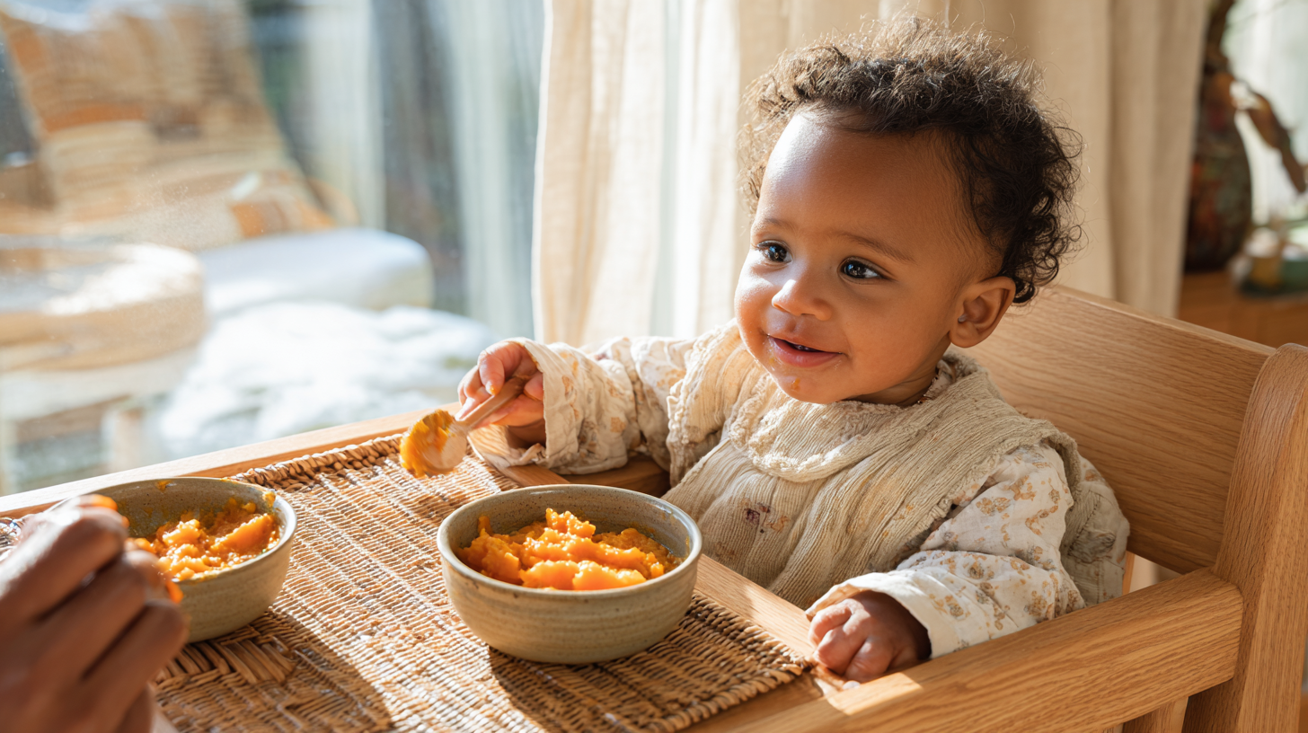 Healthy baby enjoying nutritious Caribbean-inspired solid foods during daytime meal