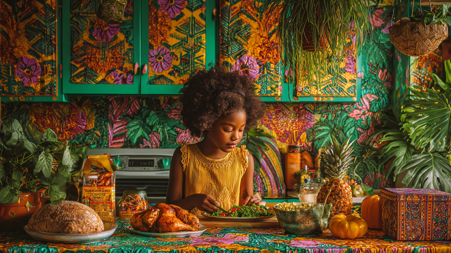Single parent efficiently preparing quick nutritious meal with convenience foods while child plays nearby