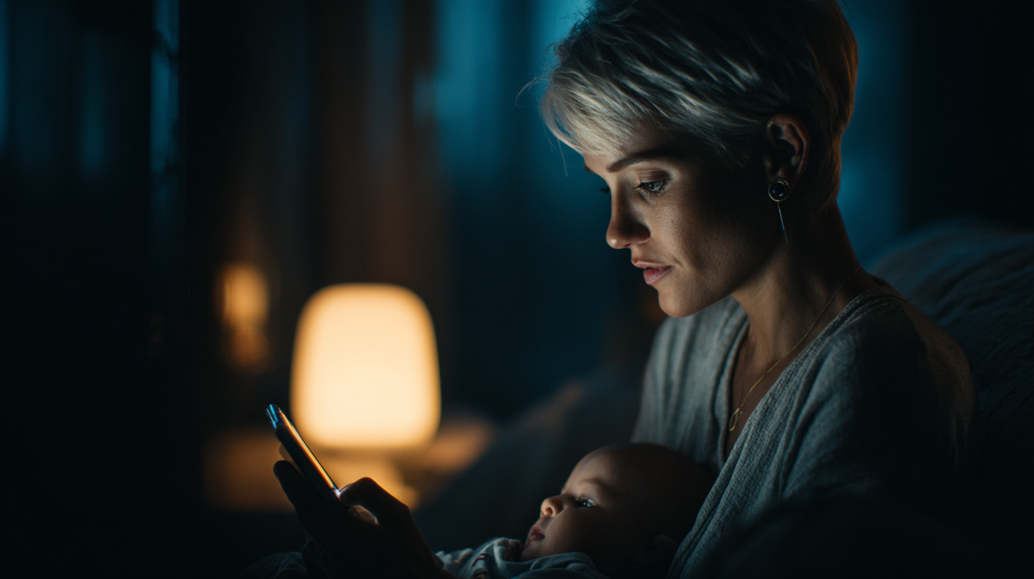 Parent reviewing feeding app data on smartphone