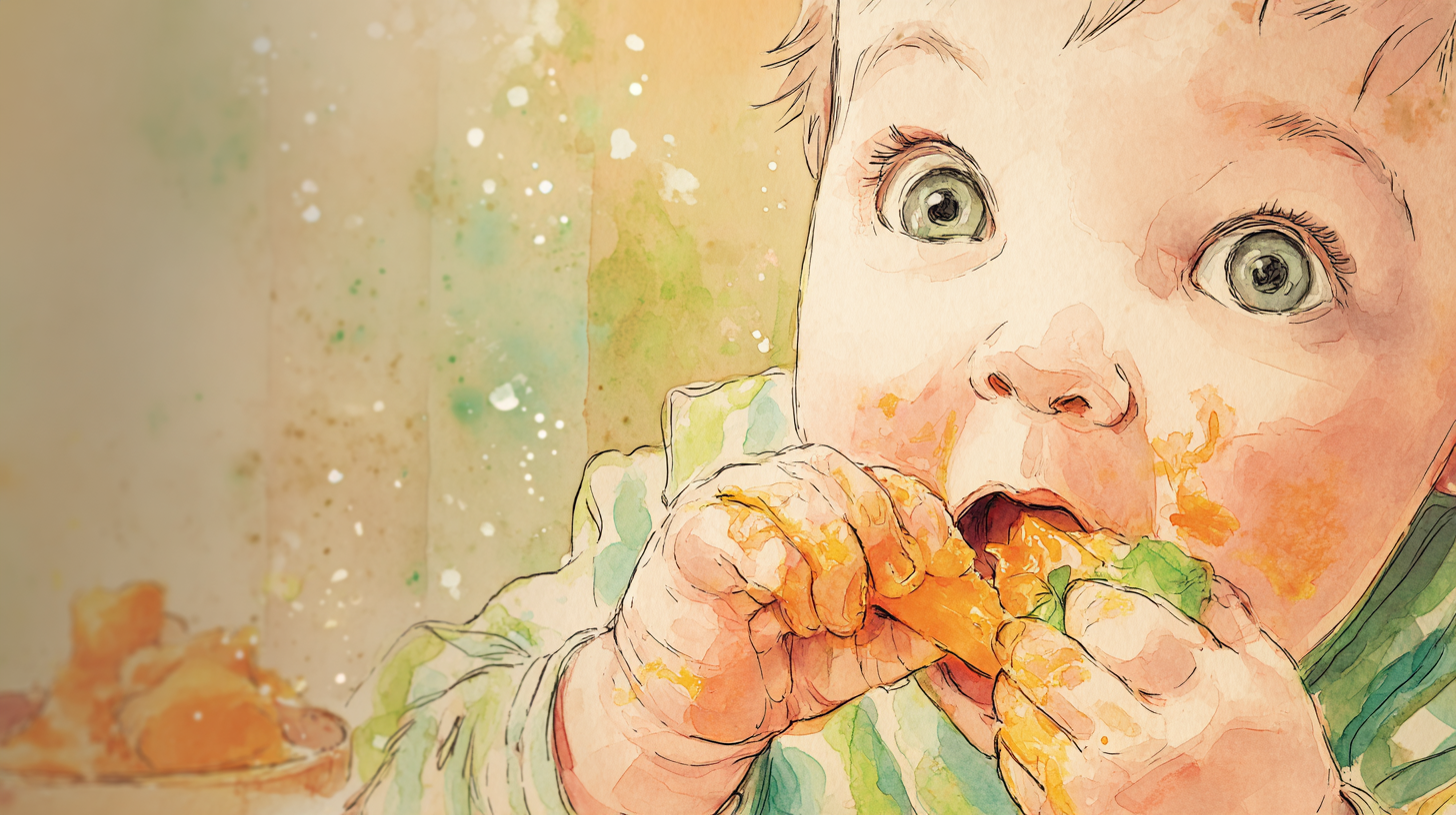 Close-up of baby's hands exploring different food textures with happy expression, showing sensory development through feeding