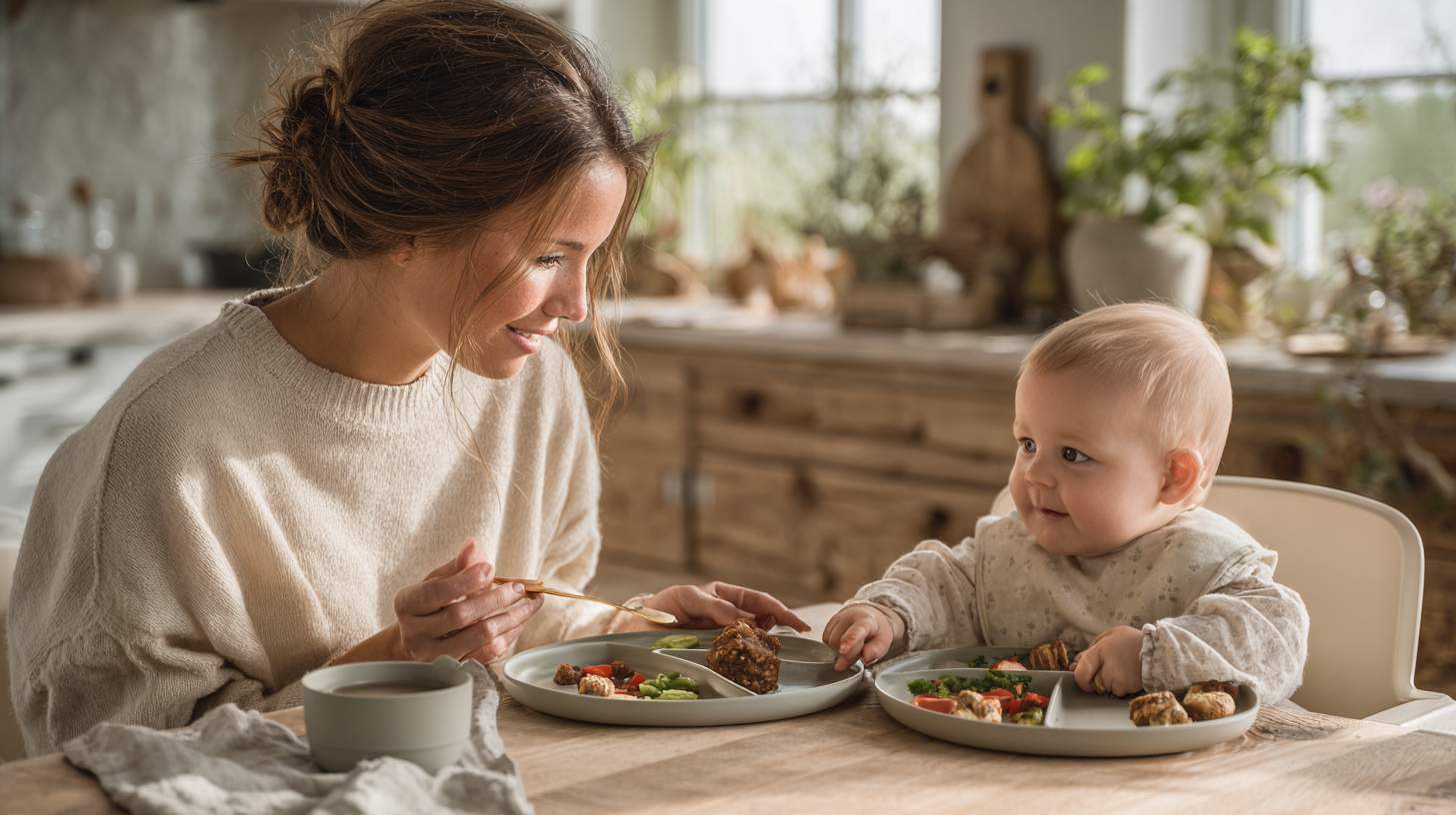 Happy parent and baby at mealtime with both purees and finger foods on tray, showing stress-free combination feeding approach