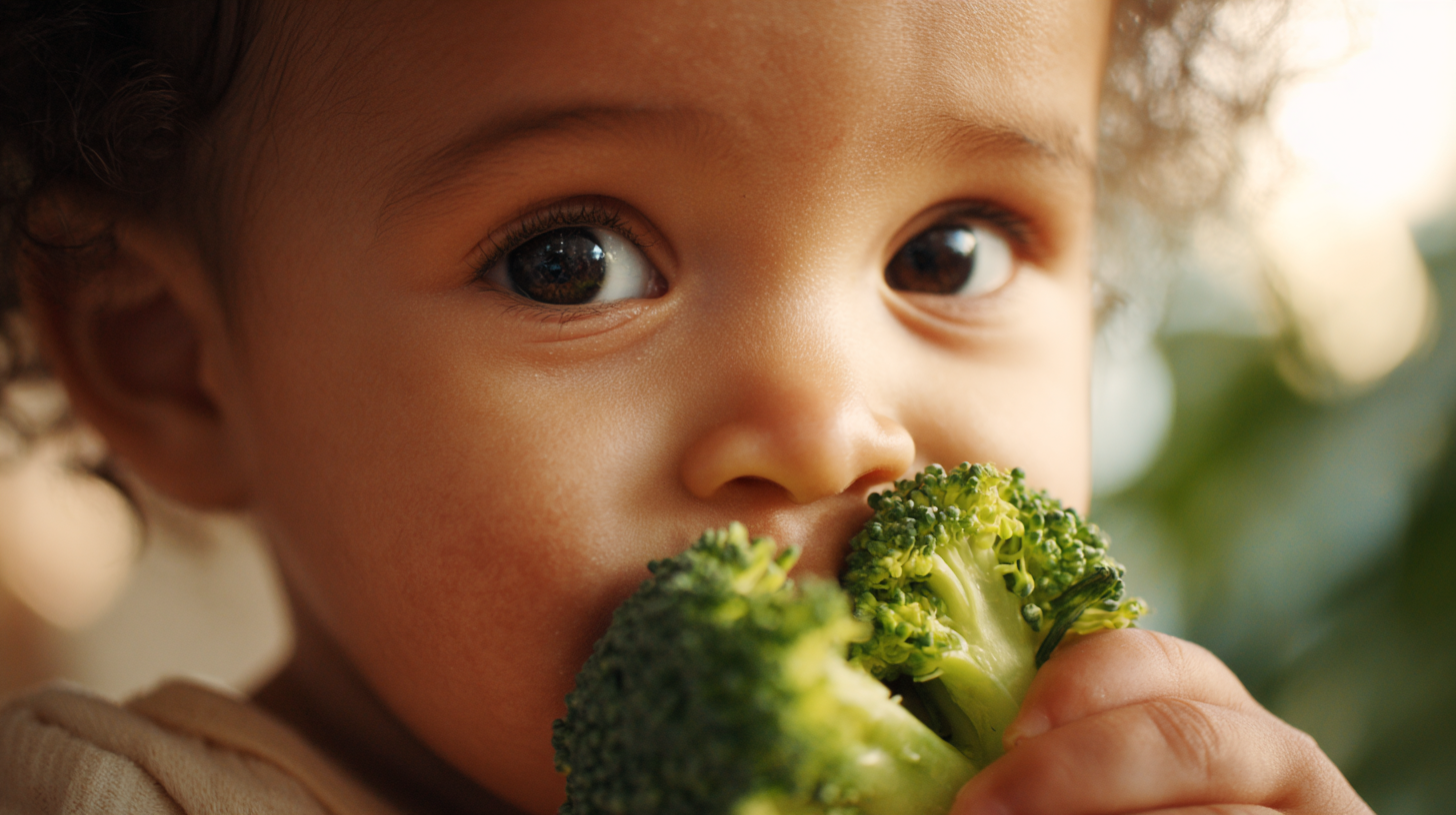 Baby tasting vegetables with various expressions showing the repeated exposure process and flavor learning journey