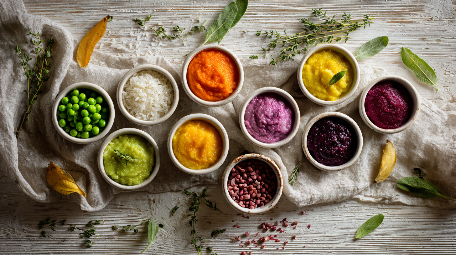Variety of colorful baby foods in bowls showing flavor diversity strategy with Caribbean-inspired ingredients
