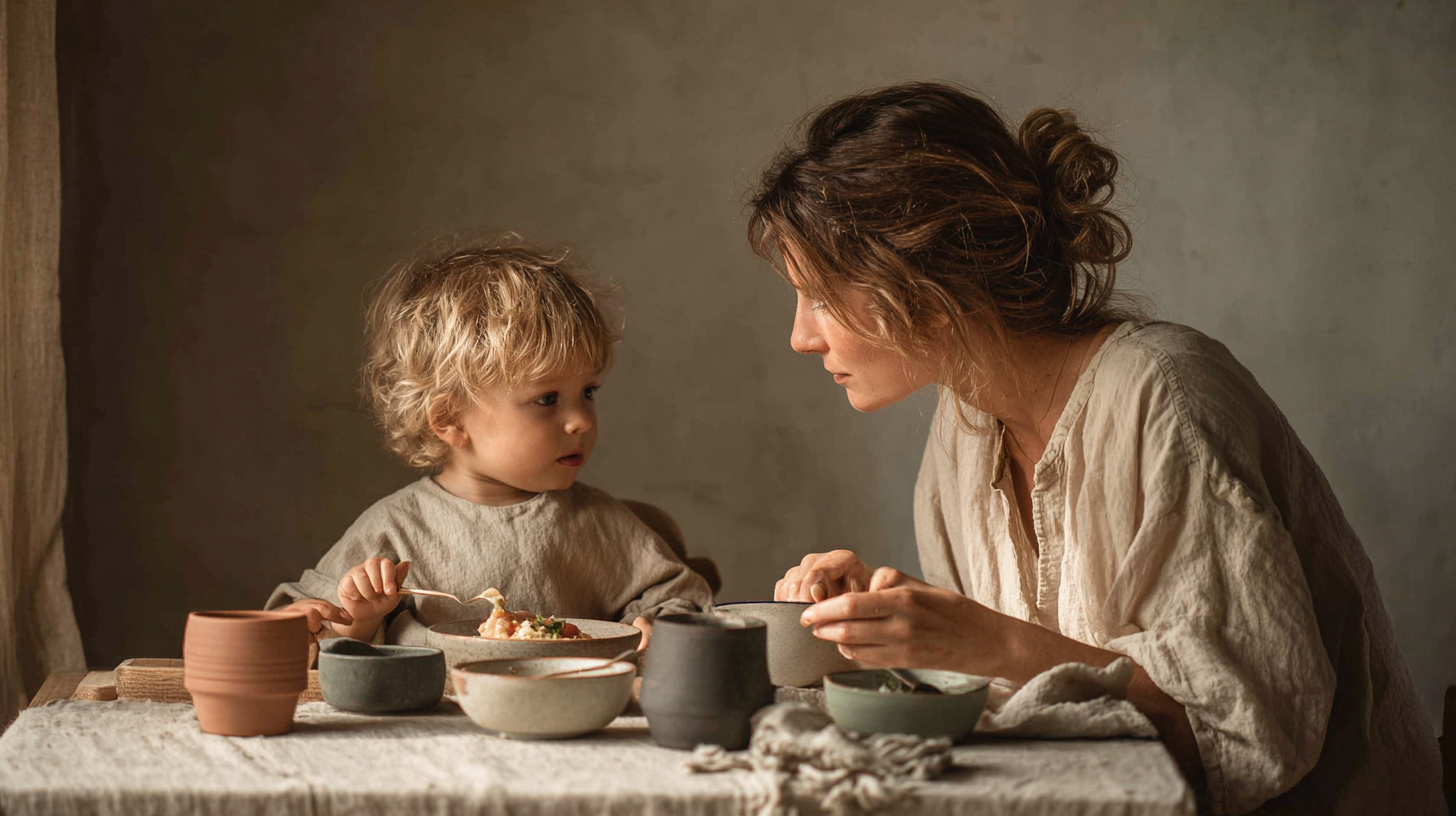 Parent and child sharing a peaceful meal together at the dinner table