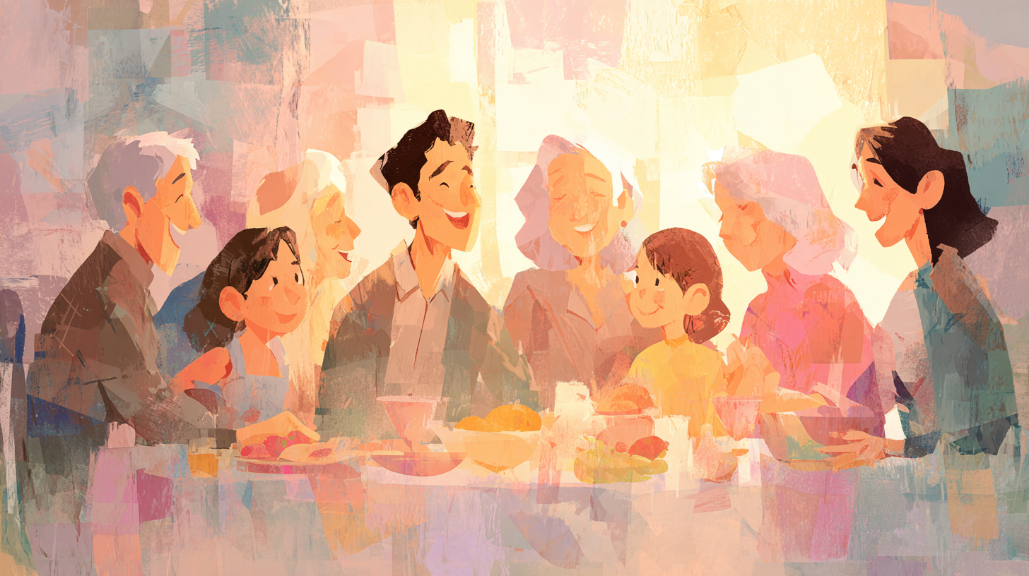Peaceful family mealtime moment with parents and children enjoying food together