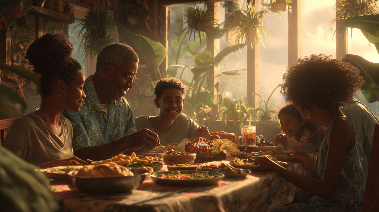 Happy family gathered around dinner table with various dishes