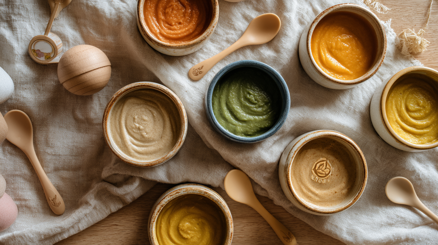 Colorful array of nutrient-dense baby purees in small bowls showing iron-rich options like beef, lentils, and fortified cereals