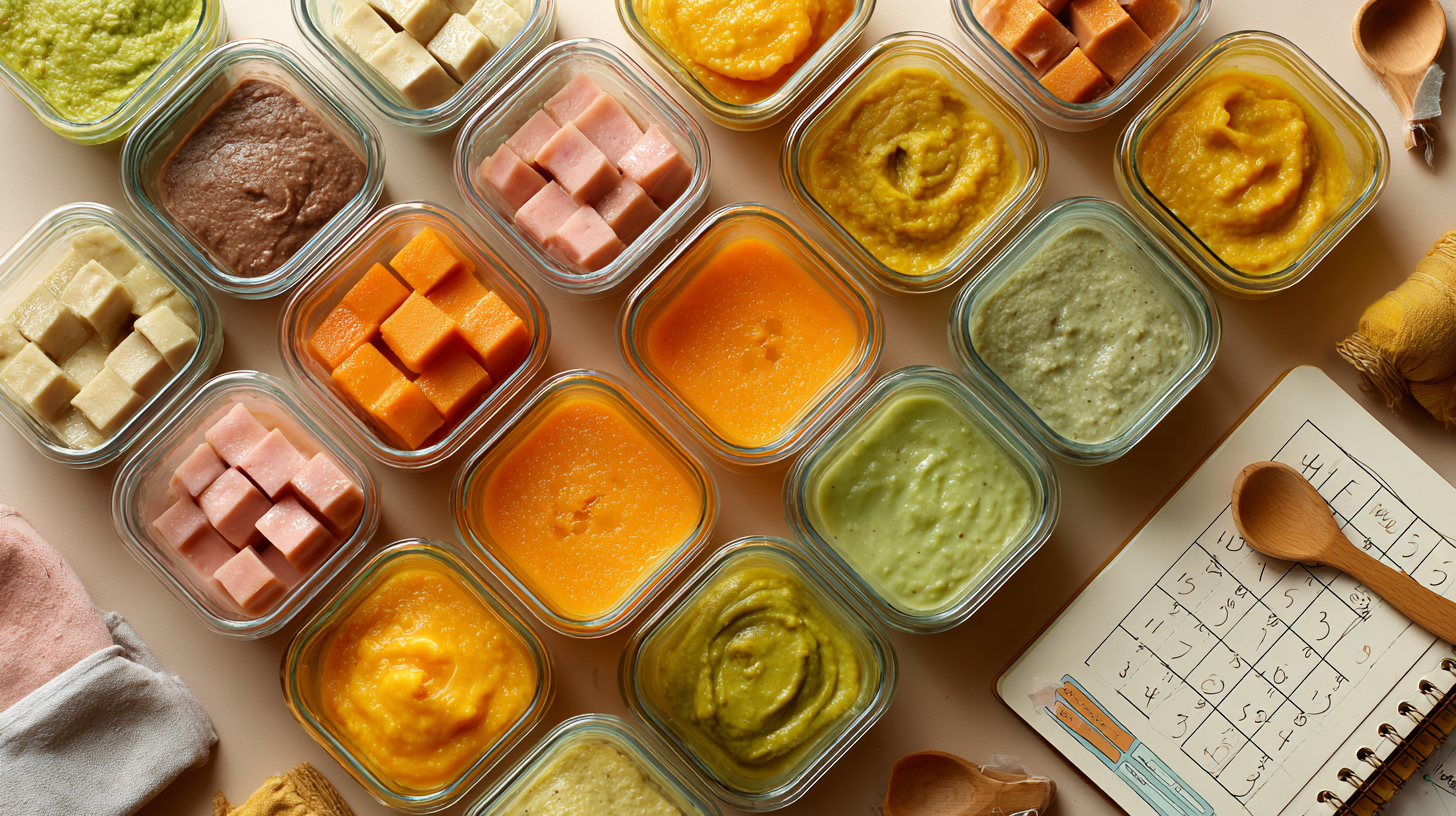 Weekly meal prep display showing multiple small containers of colorful baby purees organized by day with labels indicating nutritional content