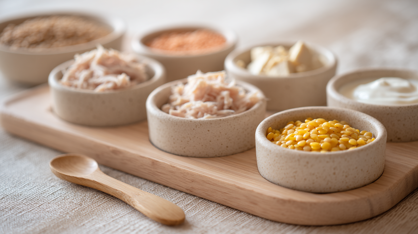Various protein-rich foods for babies including meats, legumes, and plant-based options arranged on a wooden table