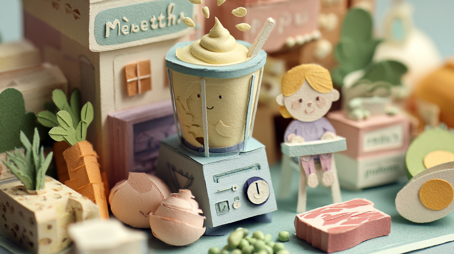 Parent preparing protein-rich baby food in kitchen with fresh ingredients and blender