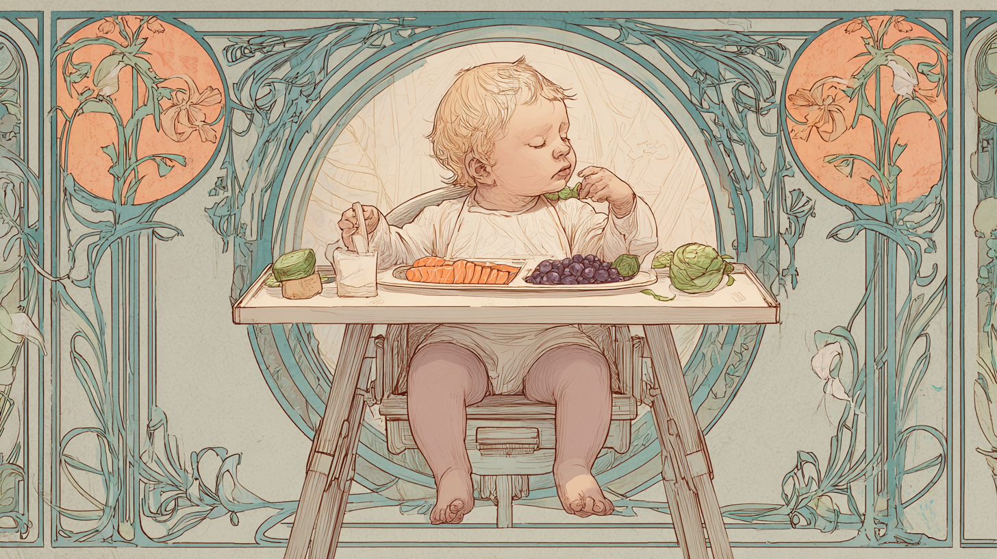 Baby sitting in high chair with colorful protein-rich foods on tray showing self-feeding exploration