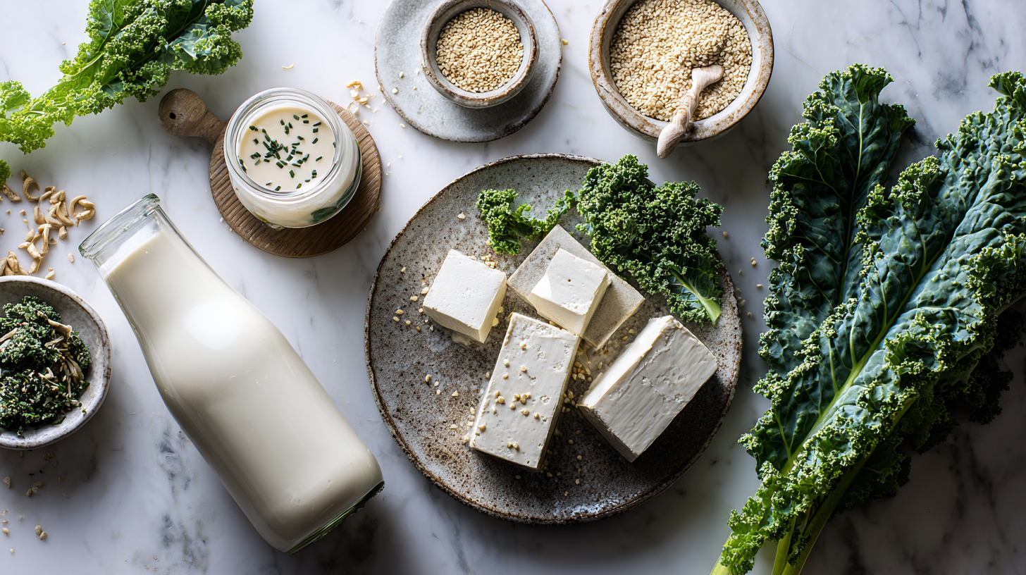 Healthy dairy-free baby foods rich in calcium including fortified plant milk, tofu, and leafy greens arranged on a table