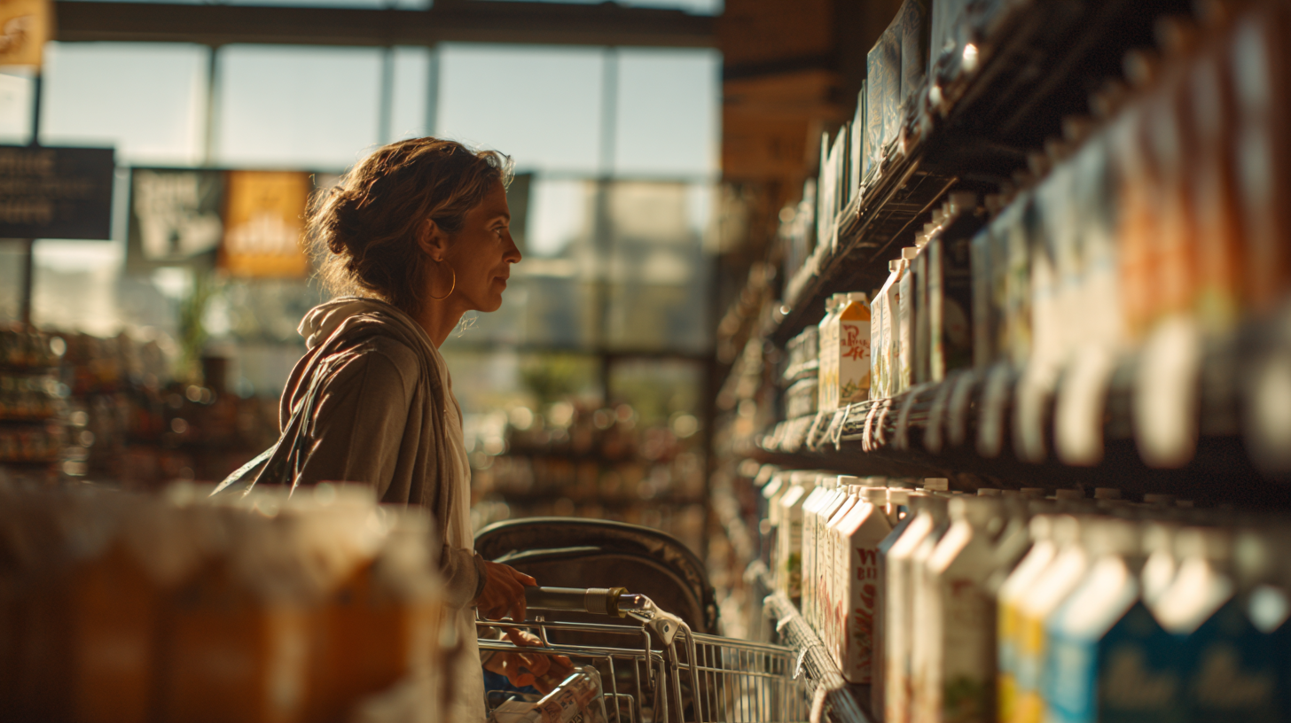 Parent shopping for fortified non-dairy alternatives and calcium-rich foods in grocery store for dairy-free baby