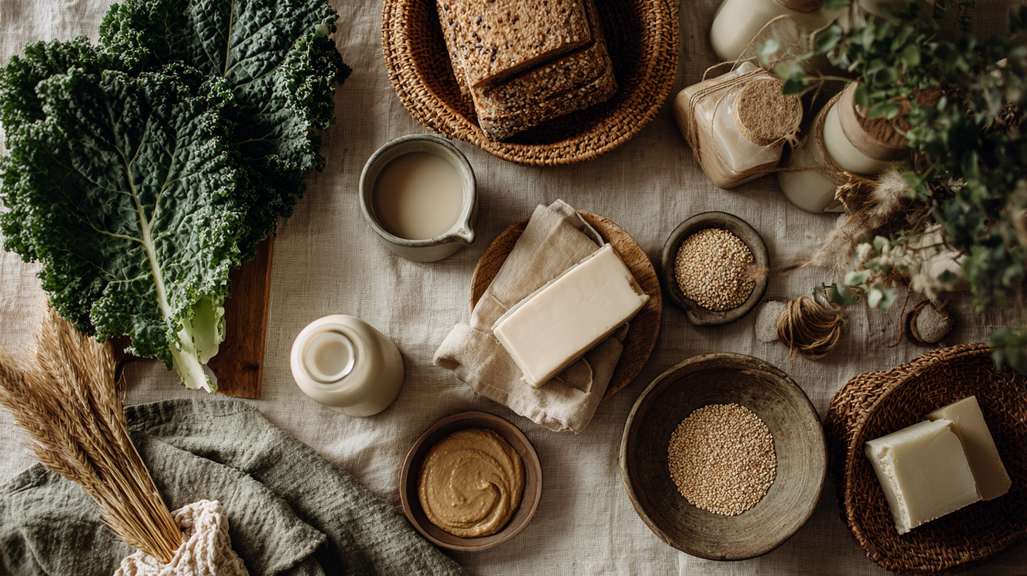 Variety of calcium-rich dairy-free foods for babies including tofu, leafy greens, fortified foods, and sesame products