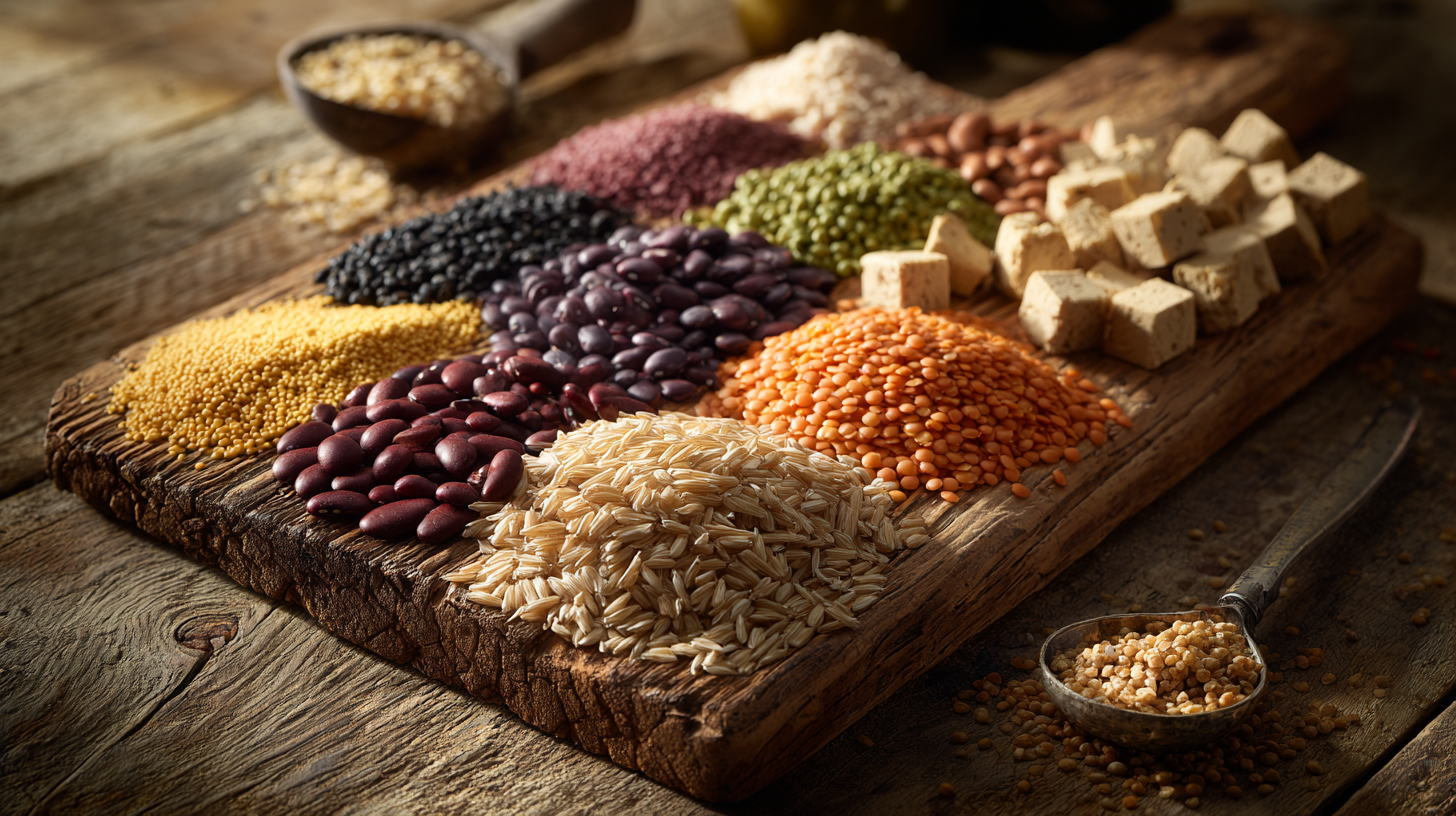 Colorful array of plant-based protein sources for vegetarian baby feeding including beans, lentils, tofu, and fortified cereals arranged on a wooden table