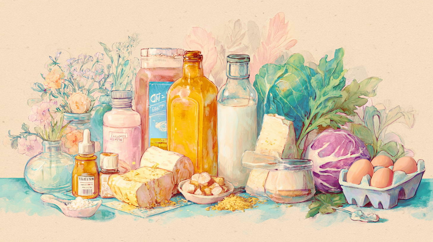 Vitamin B12 fortified foods and supplements for vegetarian babies including nutritional yeast, fortified plant milk, and liquid B12 drops displayed with fresh vegetables