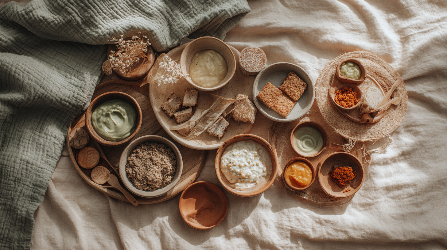 Age-appropriate vegetarian baby meals arranged by developmental stage showing smooth purees, mashed foods, and finger foods on colorful divided plates