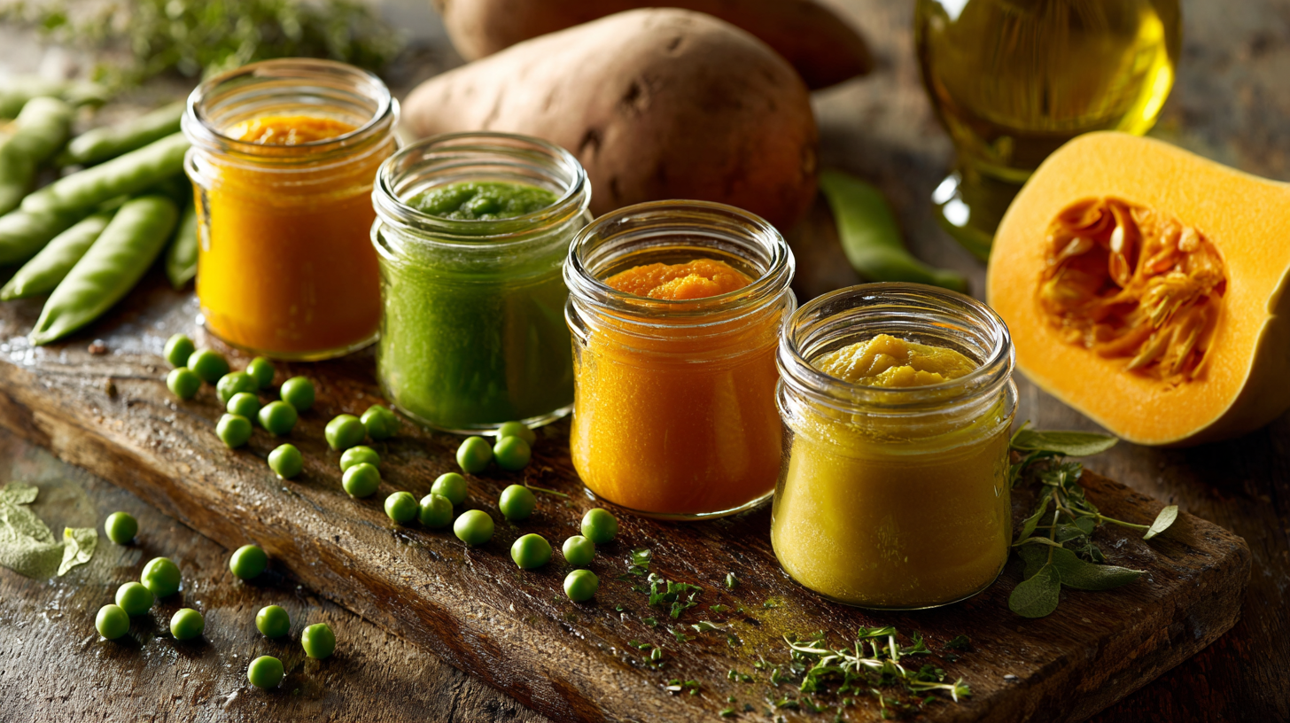 Homemade gourmet baby food purees in glass jars with fresh ingredients including sweet potatoes, peas, and butternut squash arranged on a wooden cutting board