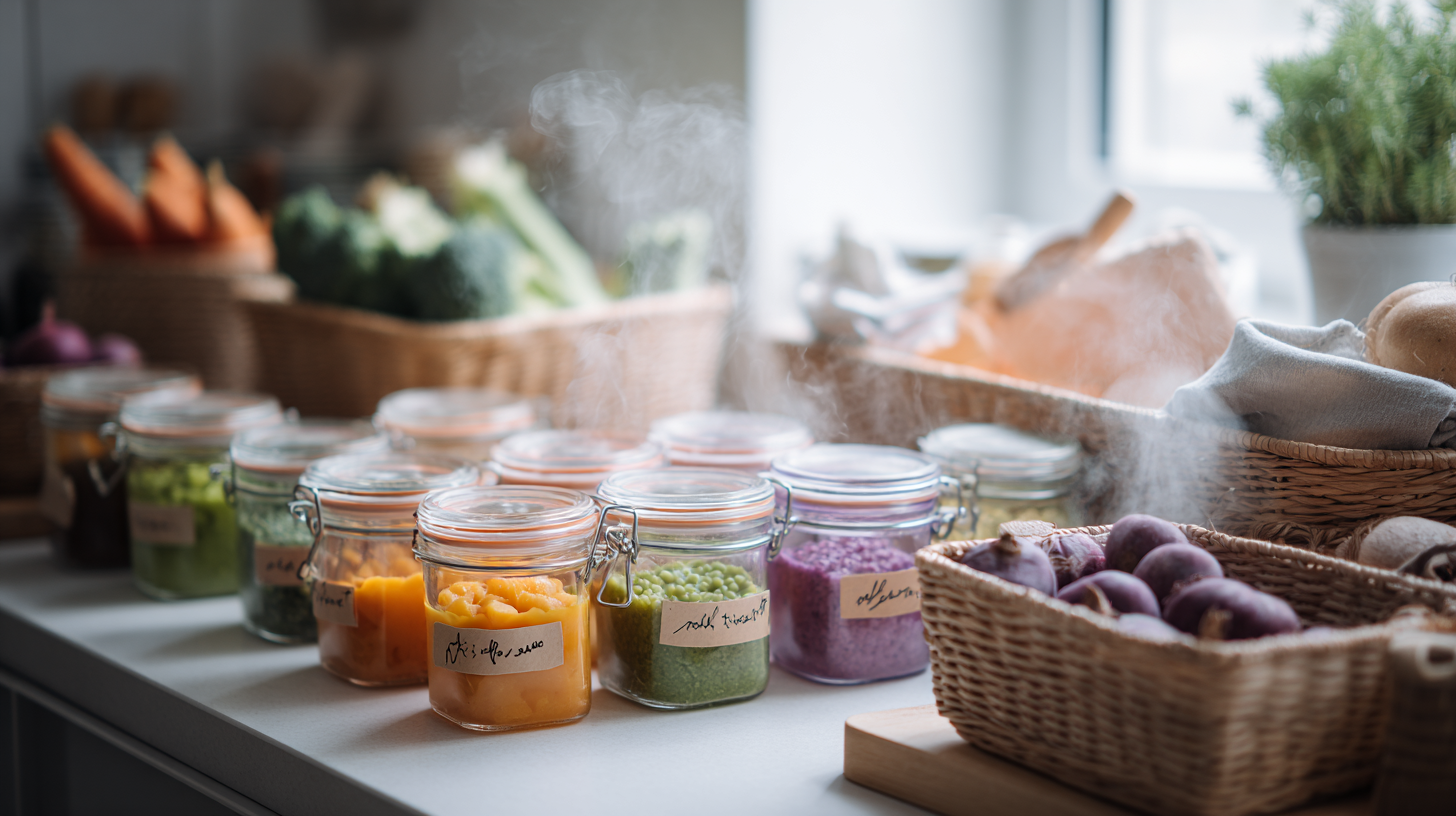 Organized batch cooking setup showing multiple glass containers of colorful homemade baby food purees labeled and ready for freezer storage with fresh vegetables in background