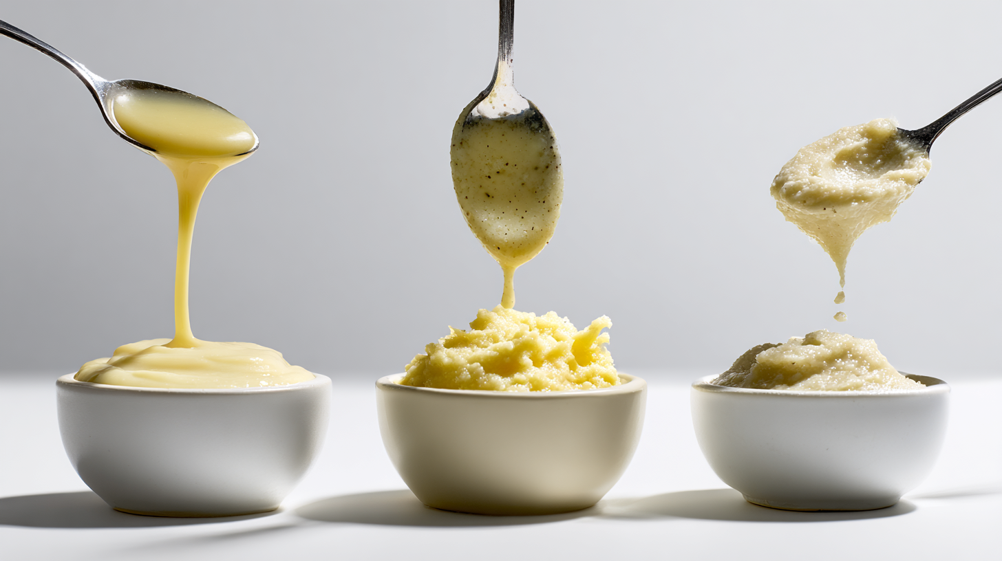 Three stages of baby food puree textures displayed side by side showing smooth puree, chunky mash, and textured finger food consistency with feeding spoons