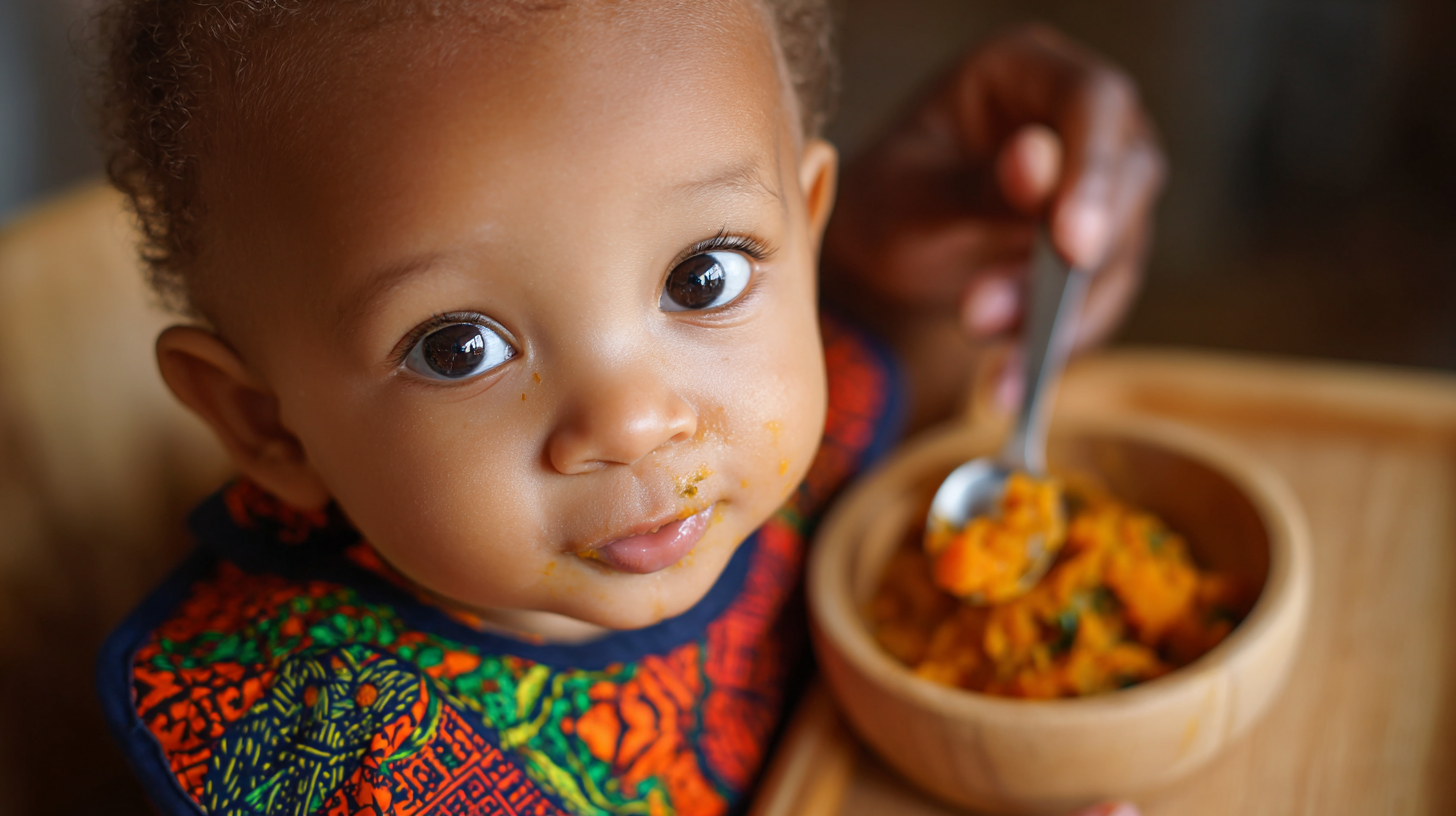 Vegan baby eating nutrient-rich plant-based foods with colorful vegetables and fruits