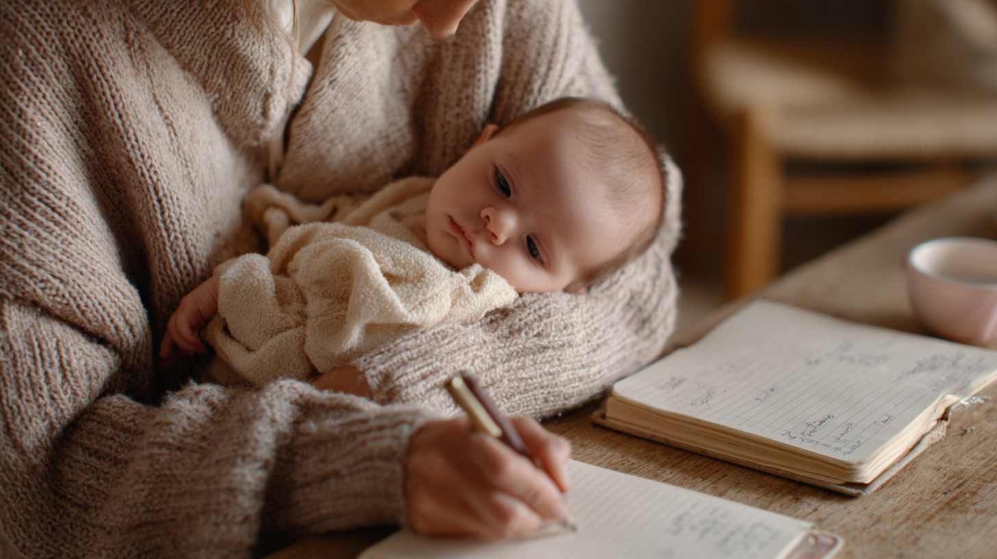 Parent comforting baby with eczema while reviewing food diary and consulting with healthcare provider