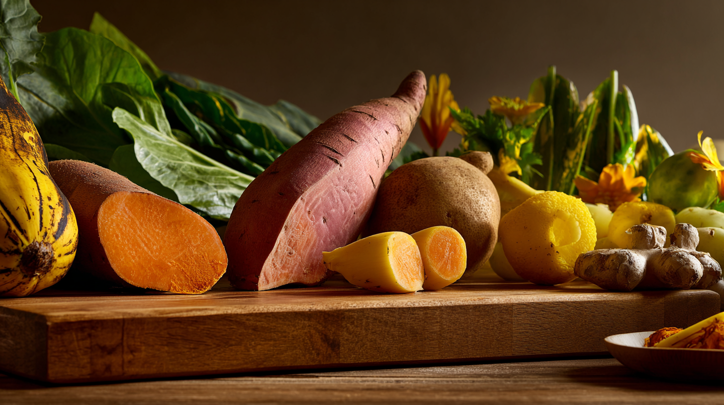 Nutritious Caribbean-inspired baby food ingredients including sweet potatoes and plantains arranged for safe meal preparation