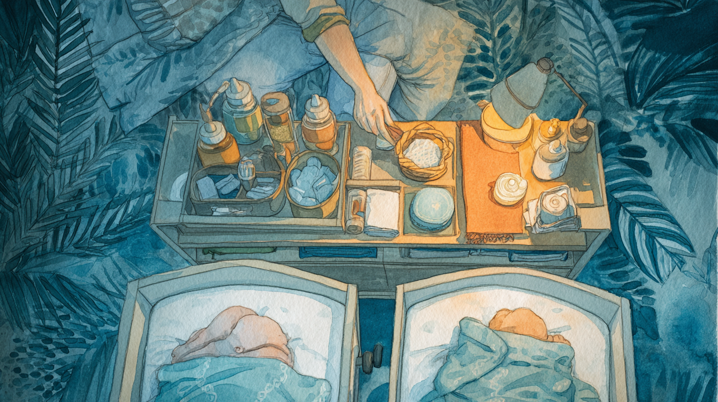 Parent managing feeding time with twin babies using specialized equipment and strategic setup