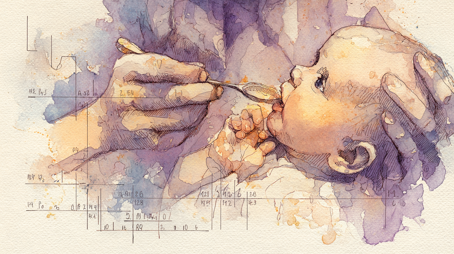 Parent gently feeding premature infant with developmental milestone chart showing adjusted age timeline
