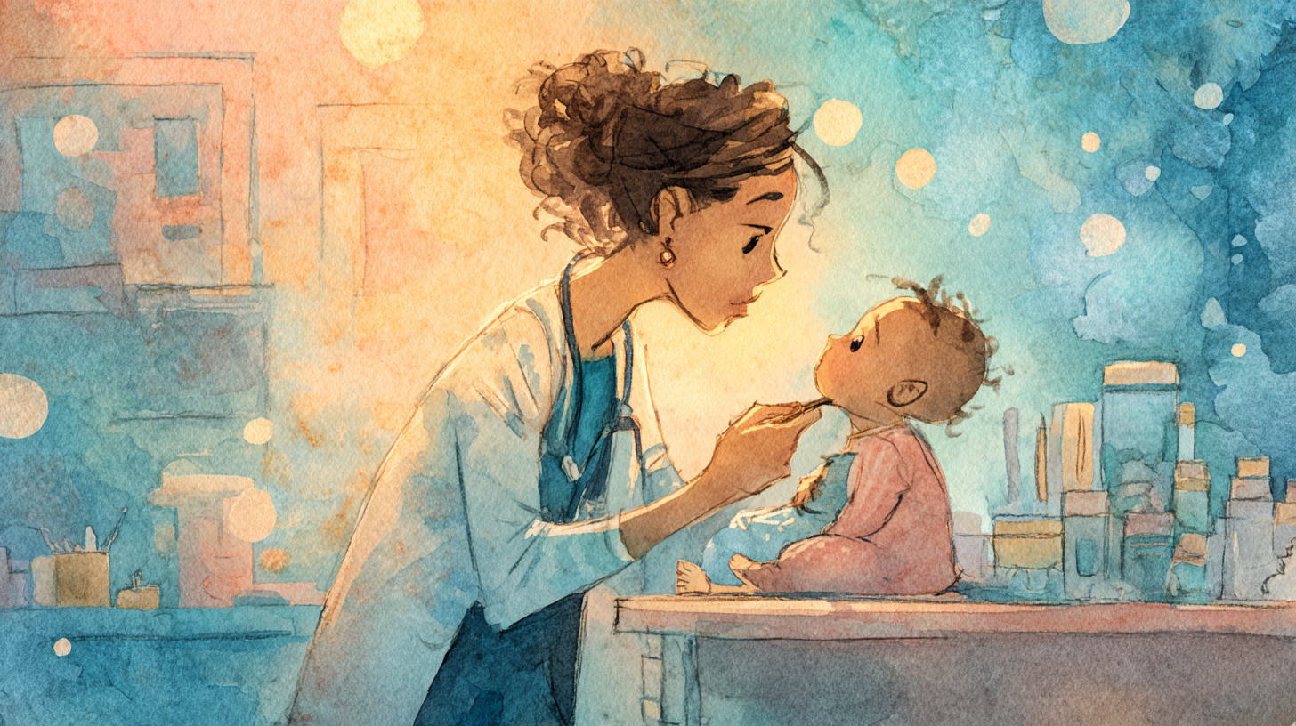 Healthcare provider examining infant feeding development and oral motor skills during wellness check