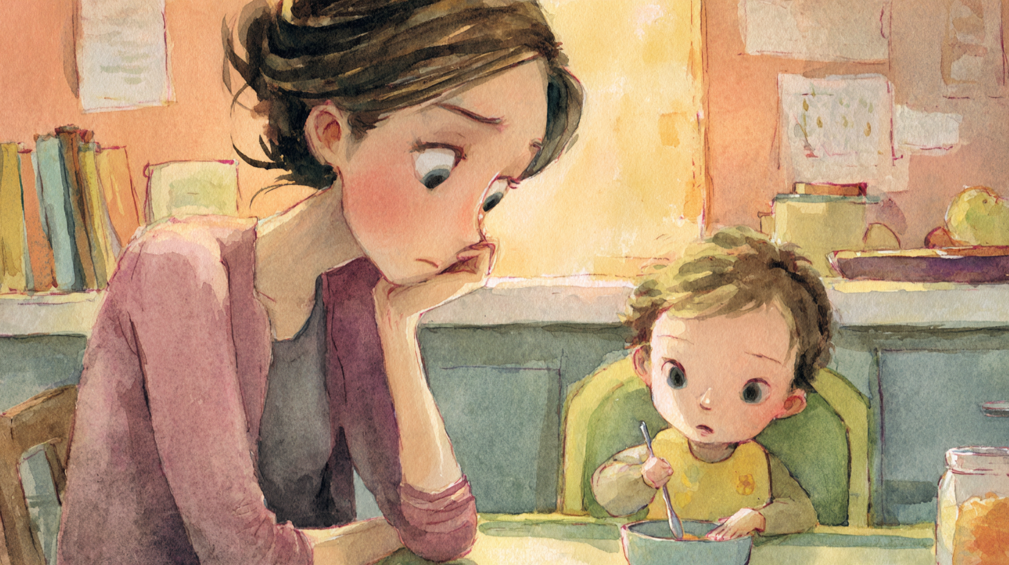 Parent observing baby's feeding cues and behaviors at mealtime with concern