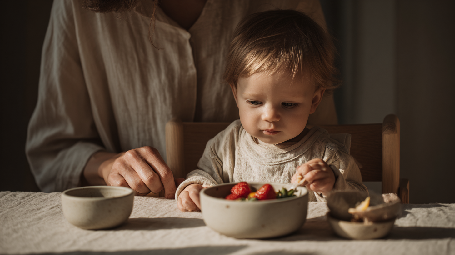 Parent helping baby explore different food textures with gentle guidance and sensory-friendly feeding approach