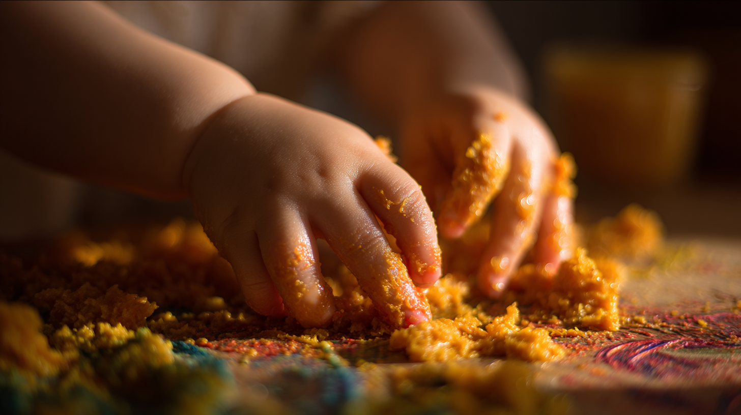 Baby engaging with food through sensory play and exploration during feeding therapy activities