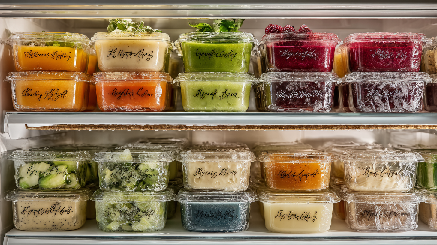 Organized freezer with labeled glass containers of batch-cooked baby food purees and BPA-free storage systems