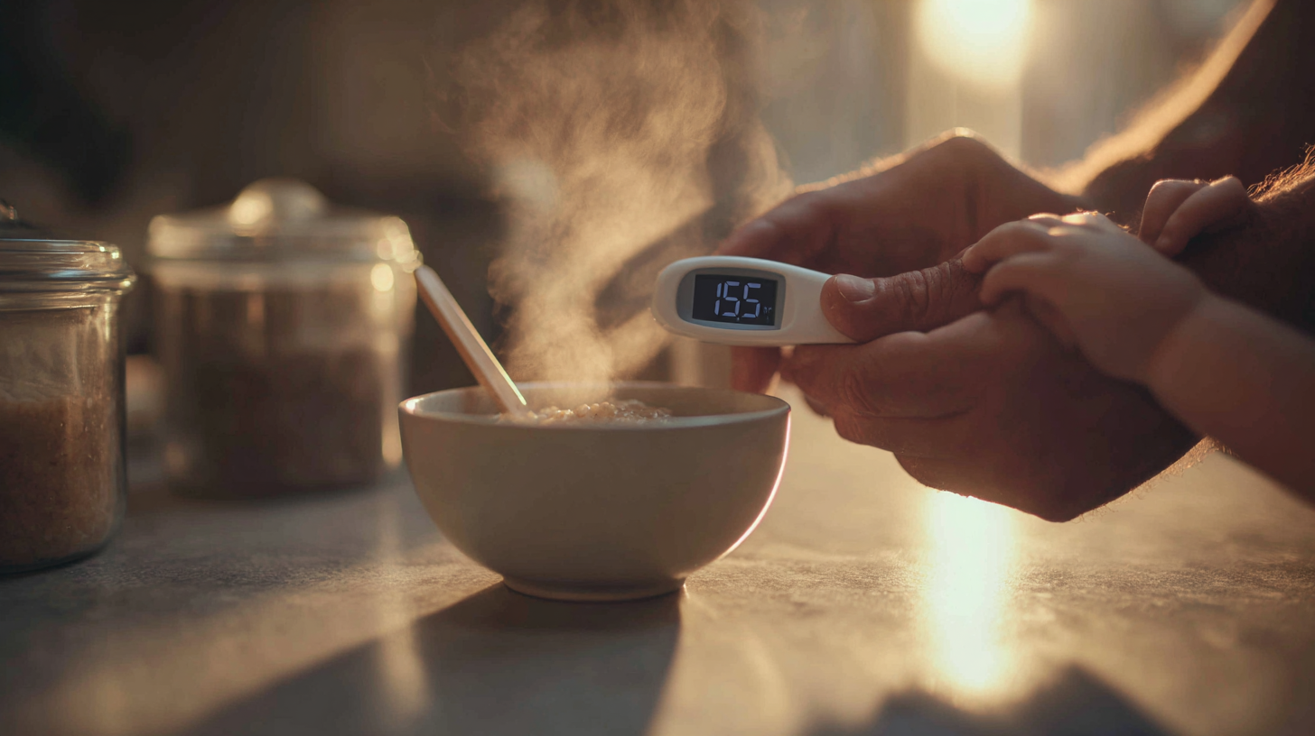 Parent safely reheating frozen baby food with temperature thermometer and proper food safety techniques
