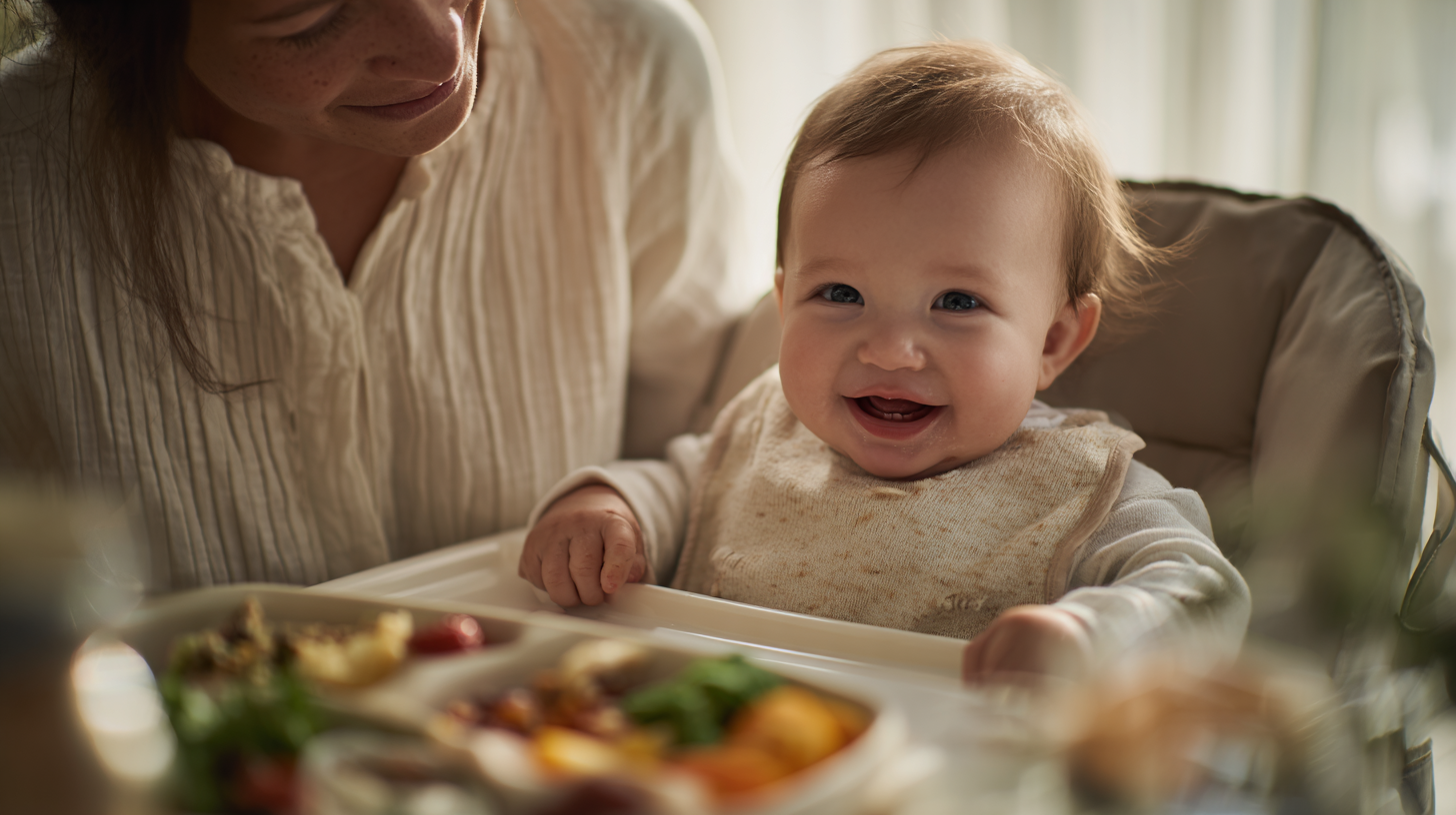 Happy parent and baby enjoying mealtime together with various food options