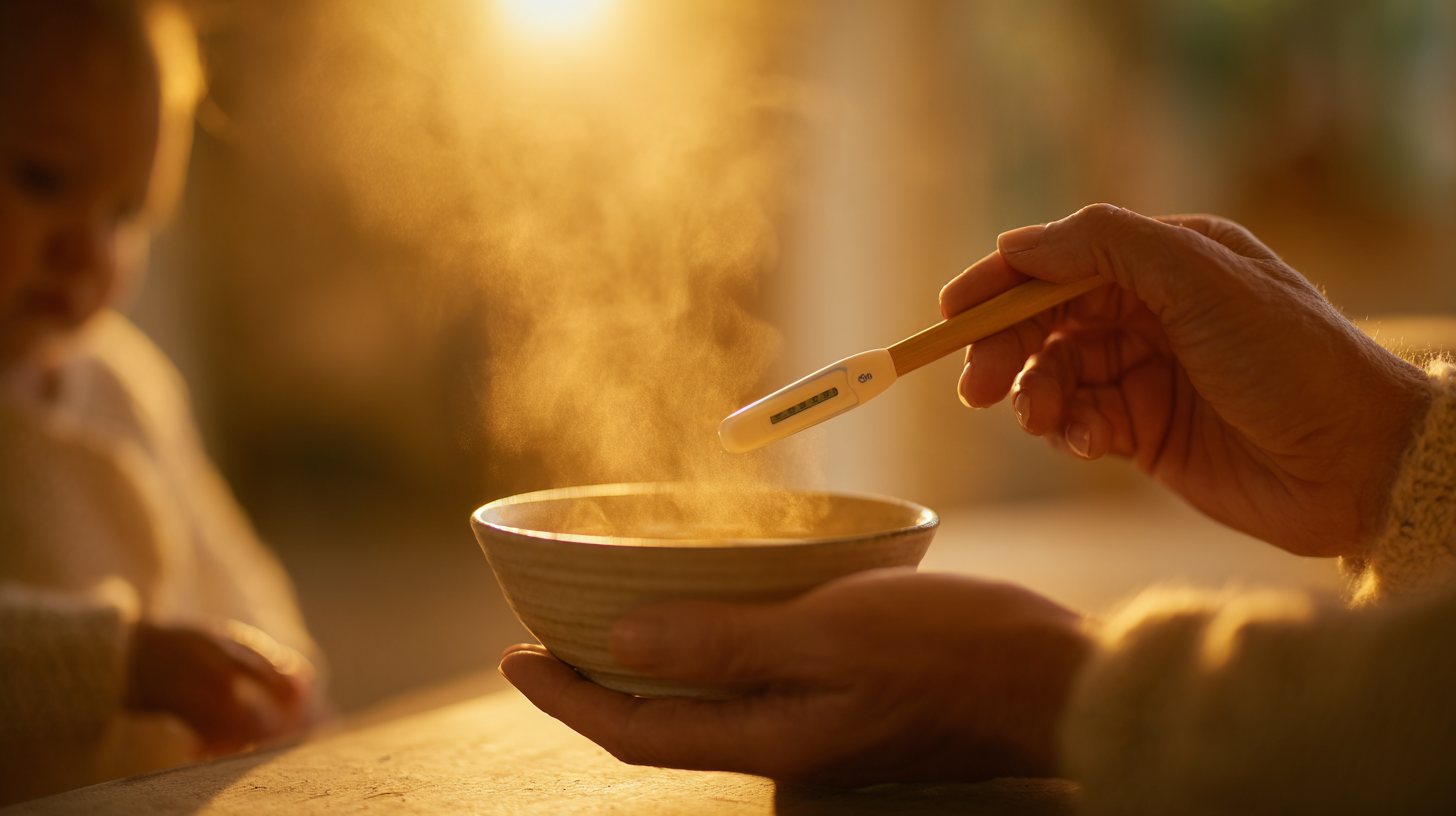 Parent checking temperature of baby food before feeding with proper safety tools